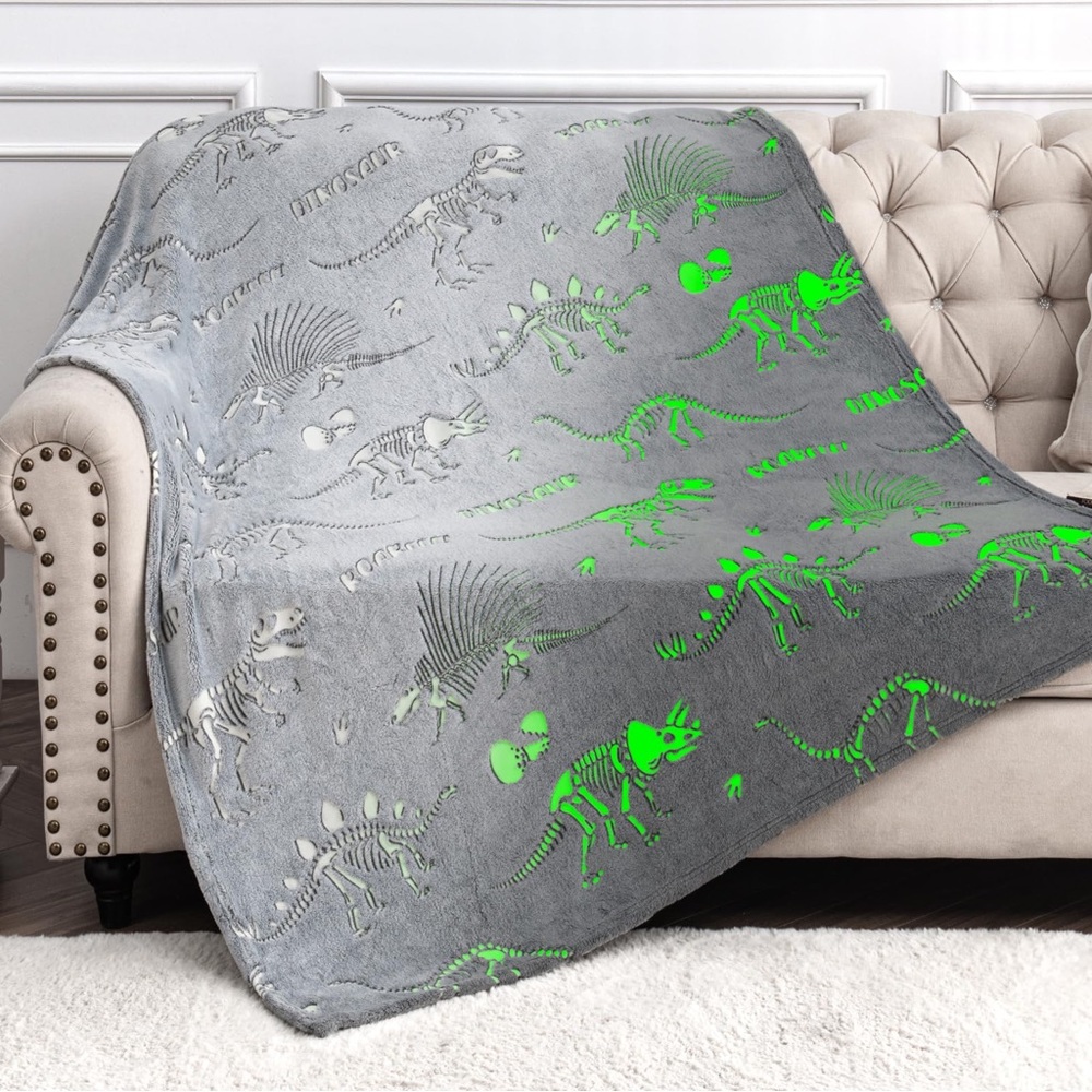 Gray Dinosaur Glow in the dark Skeleton Throw Blanket